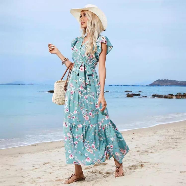 Bohemian Summer Casual Dress Women Floral Print Sleeveless V Neck A Line High Waist Lace Up Beach Vacation Ankle Length Dress
