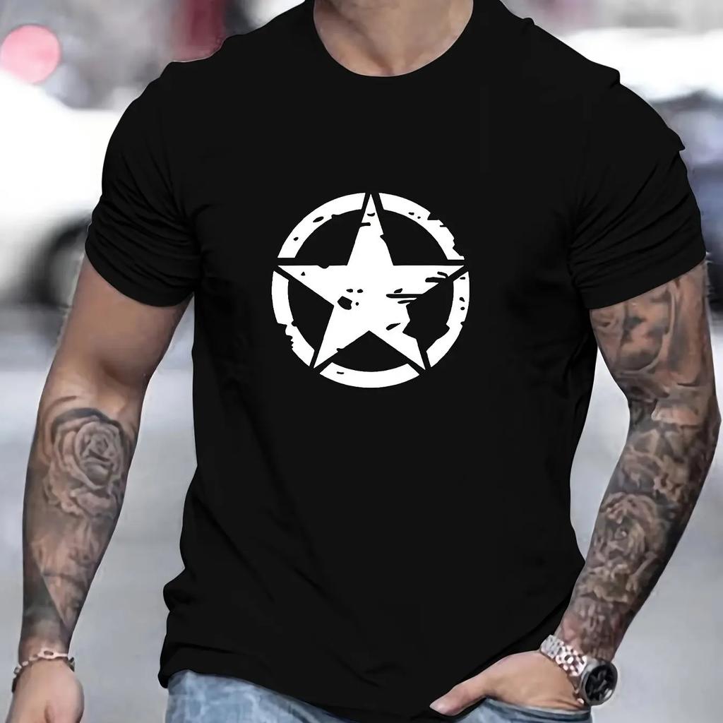 Summer Mens Cotton Comfortable Casual Loose Oversized Star Logo Graphic Printed Sports Round Neck Short Sleeved Tshirt
