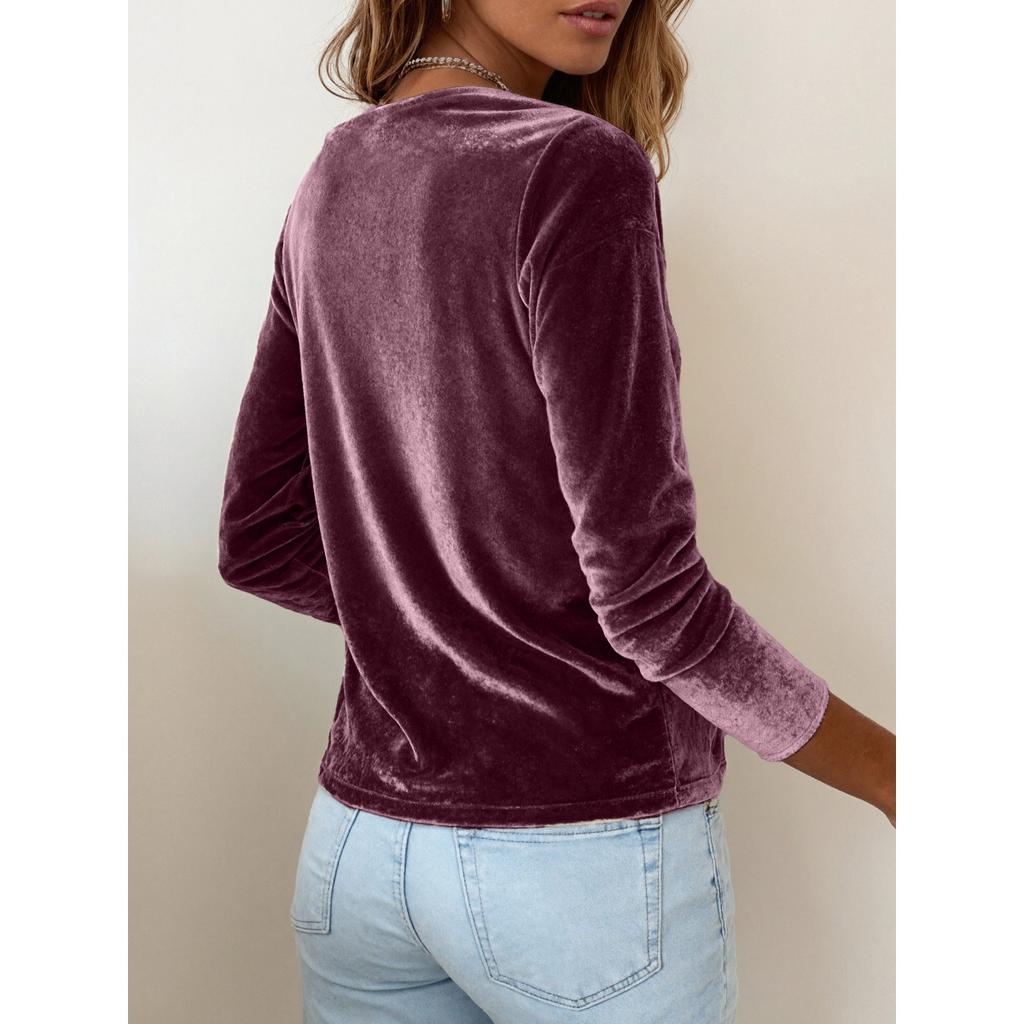 Women's Solid Color Velvet Long Sleeve T-shirt, Sexy Cowl Neck Casual Top