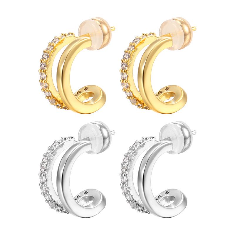 Elegant Double-Layered Rhinestone C-Shaped Earrings - Versatile Gold/Silver Ear Clips for Women