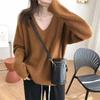 Lazy v-neck pit strip autumn and winter new loose design sense knitted pullover sweater women wear simple large size outside wear