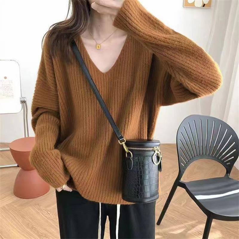 Lazy V-neck Pit Strip Autumn and Winter New Loose Design Sense Knitted Pullover Sweater Women Wear Simple Large Size Outside Wear