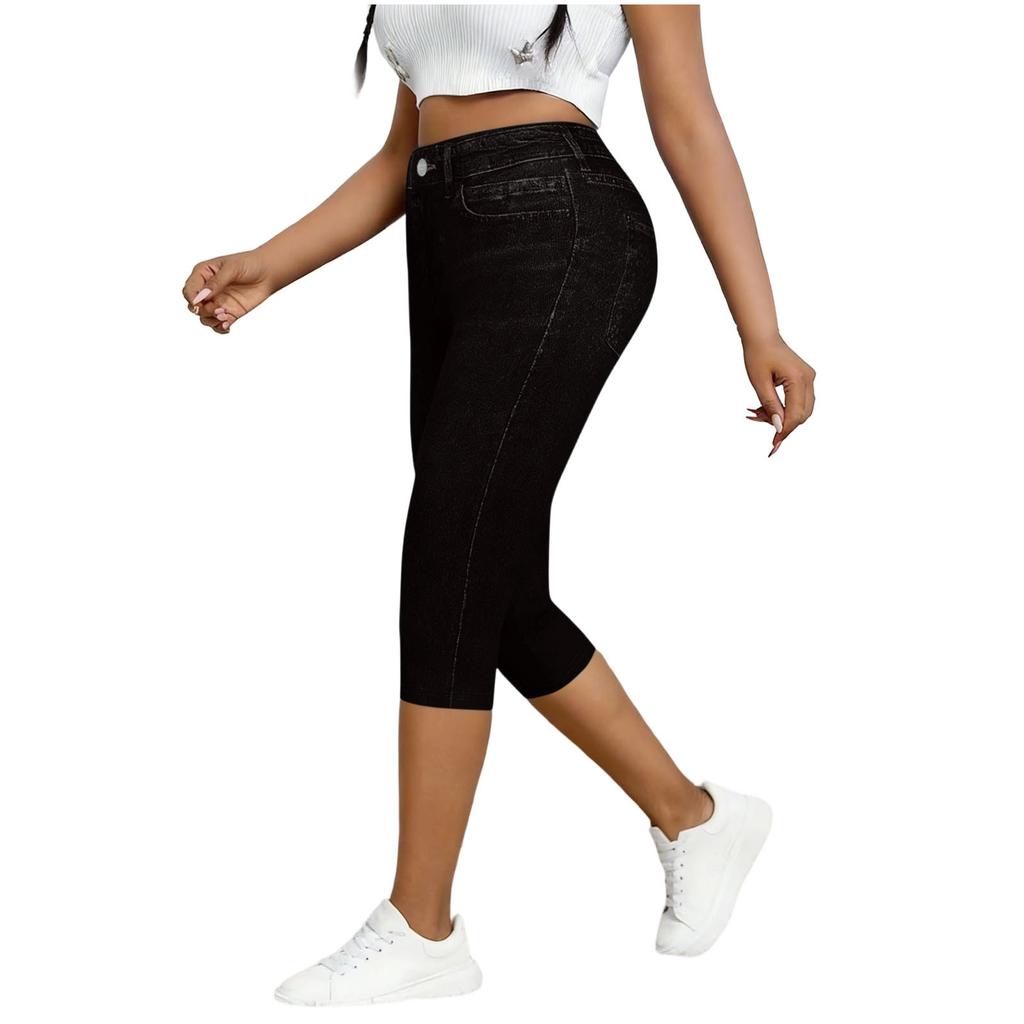 Womens pants high waist stretch capri leggings pants for women with faux denim print slim fit comfort style