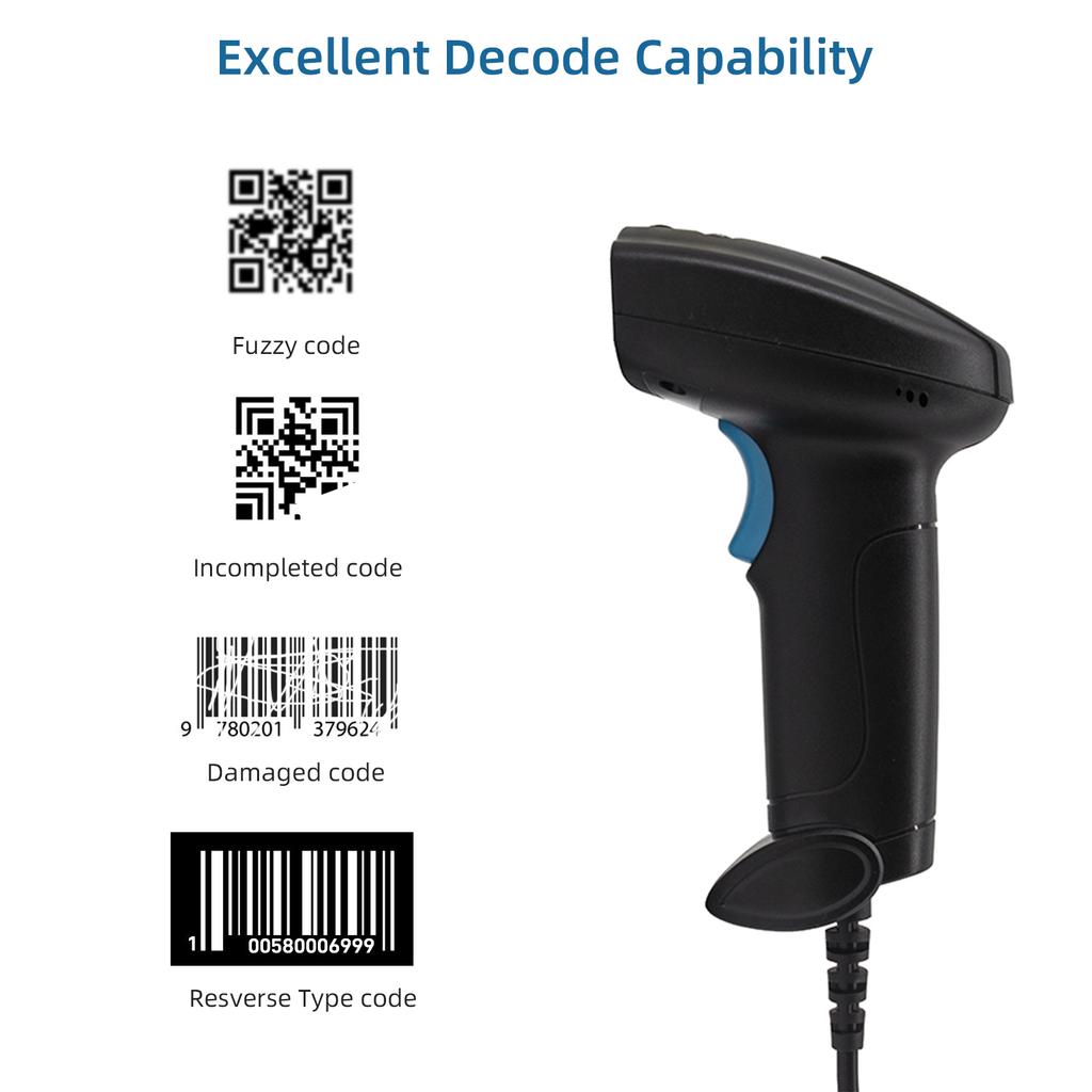 1D 2D Barcode Scanner Handheld USB Wired Bar Code Reader Manual Trigger Auto Continuous Scanning Support Paper Code