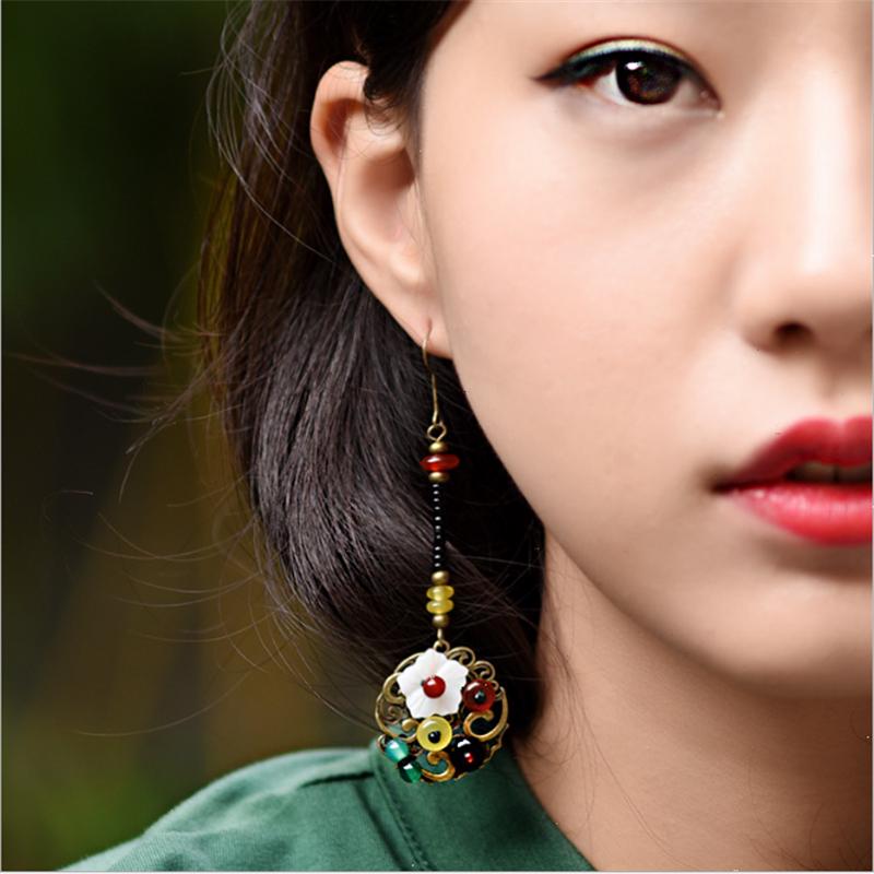 Retro Ethnic Style Shell Flower Handmade Beaded Long Section Pendant Hook Earring
