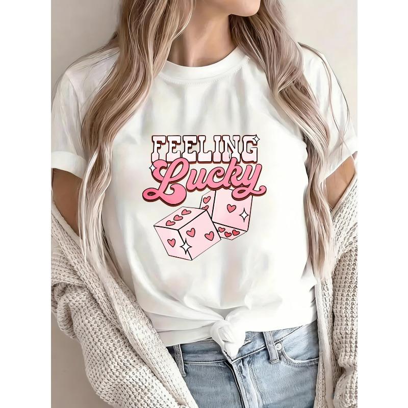 Feeling Lucky T Shirt White Pink Dice Hearts And Stars Graphic Print Casual Summer Top For Women