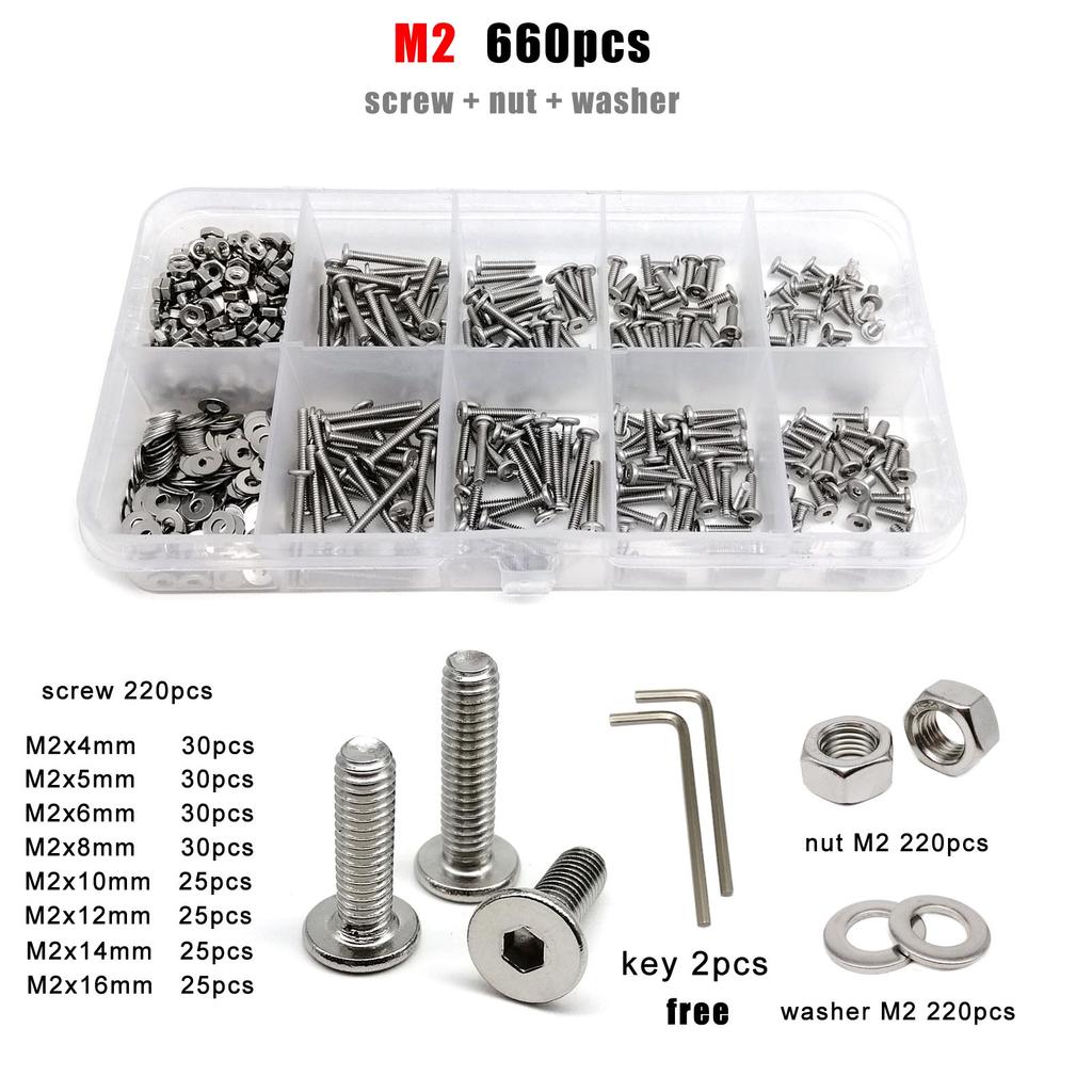 1 Kasten M1.6 M2 M2.5 M3 M4 M5 M6 M8 304 Edelstahl CM Sechskant Innensechskant Ultraflach Linsenkopf Schraube Bolzen Mutter Set Kit