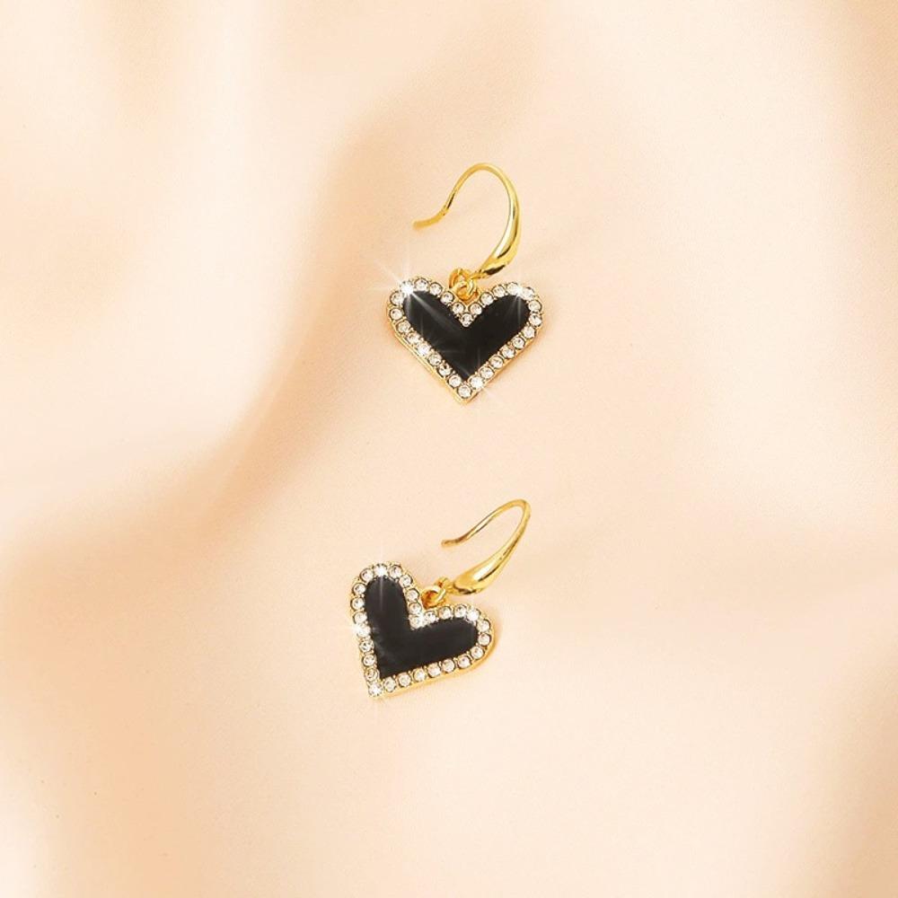 Korean Personality Shiny Zircon Rim Black Heart Pendant Shape Dangle Earrings for Women Exquisite Sweet Jewelry Accessories Gift