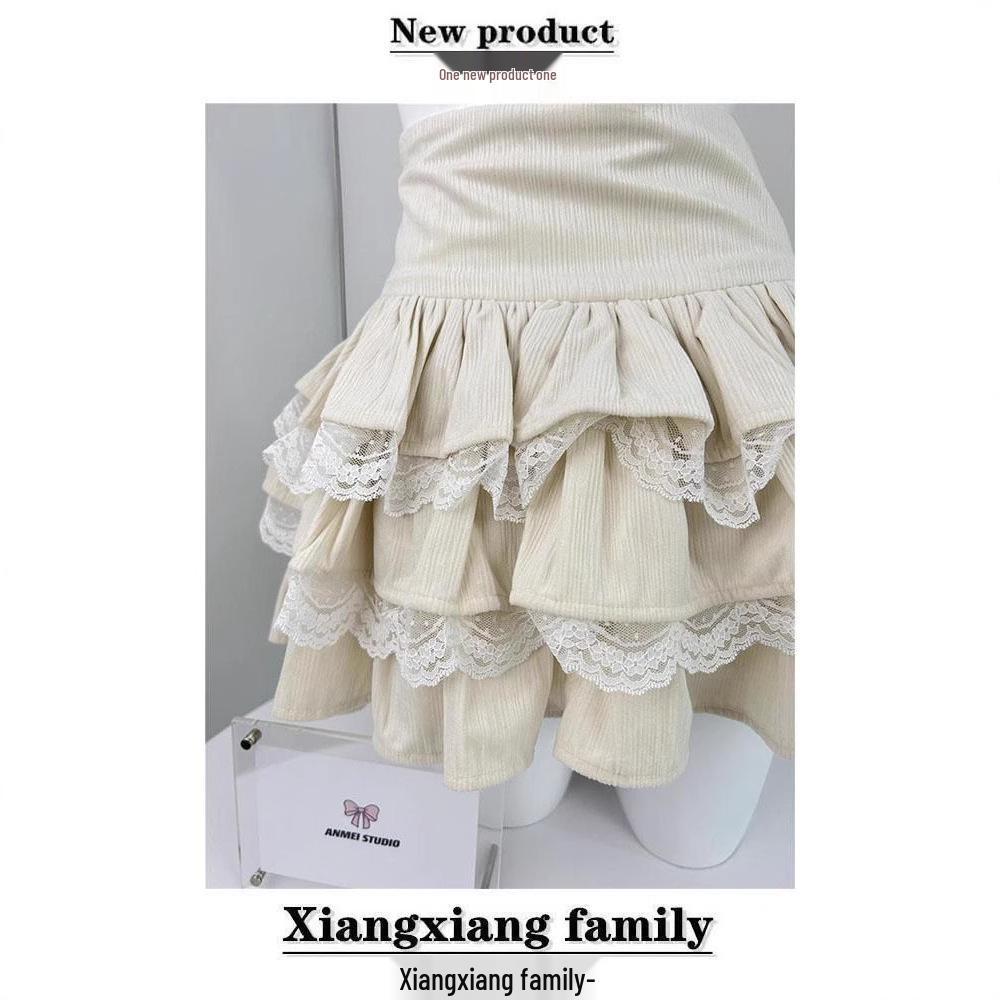 Aprikosenfarbener A-Linien-Midirock mit hoher Taille, Spitzen-Patchwork und bauschigen Lagen