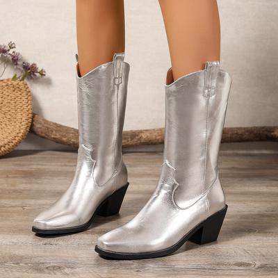 Cowboy-Westernstiefel aus massivem Gold und Silber, Damen-Winterstiefel bis zur Wade, 6 cm Absatz