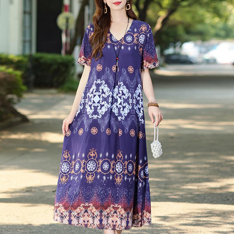 Women's Plus Size V-Neck Floral Long Dress – Short Sleeve Loose Fit Casual Dress with Pockets (Sizes XL-5XL)