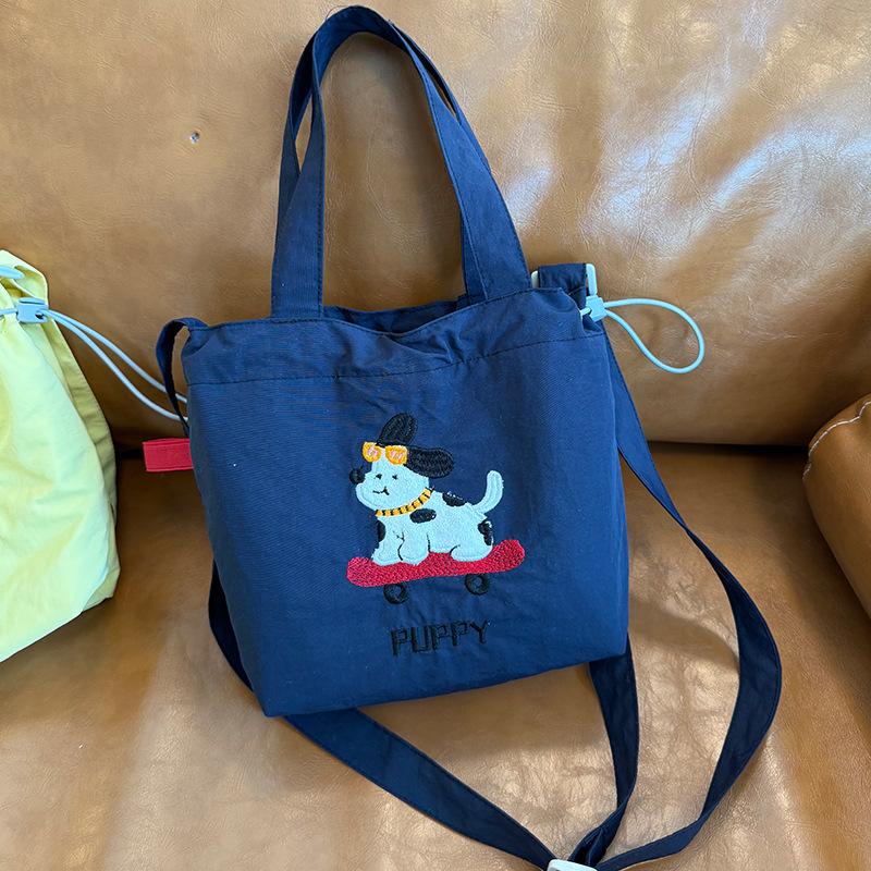 Cute Embroidery Women'S Drawstring Shoulder Bag Cartoon College Girls Book Tote Shopping Bags Large Capacity Female Handbags