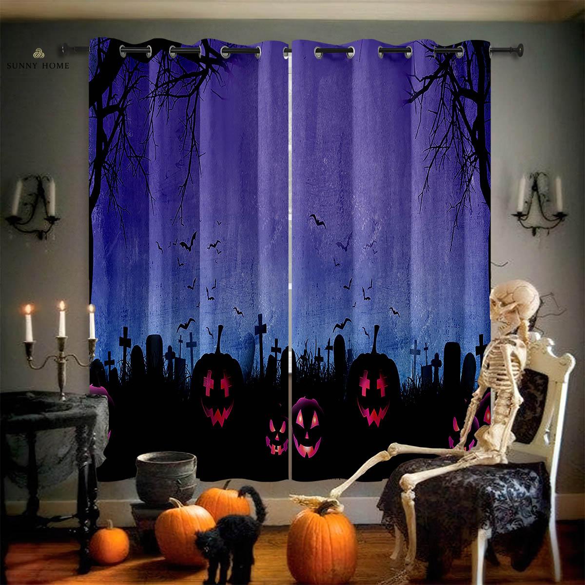 

Шторы на Хэллоуин, ужасный замок, тыквенный принт, шторы из полиэфирного волокна, шторы для спальни, гостиной, украшения для вечеринки, 2 шт. W50xH140(CM)x2PCS&Grommet Top
