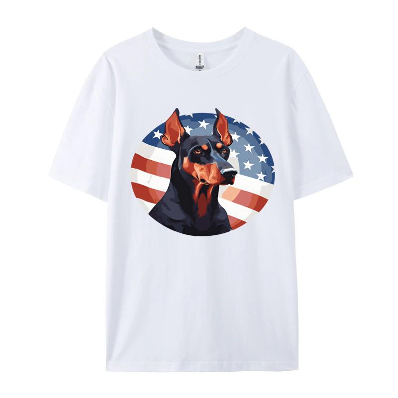 National Day Tshirts DoberUnisex Pinscher With Usa Flag Tshirt 100 Cotton T Shirt Unisex Customized Tops Tees S