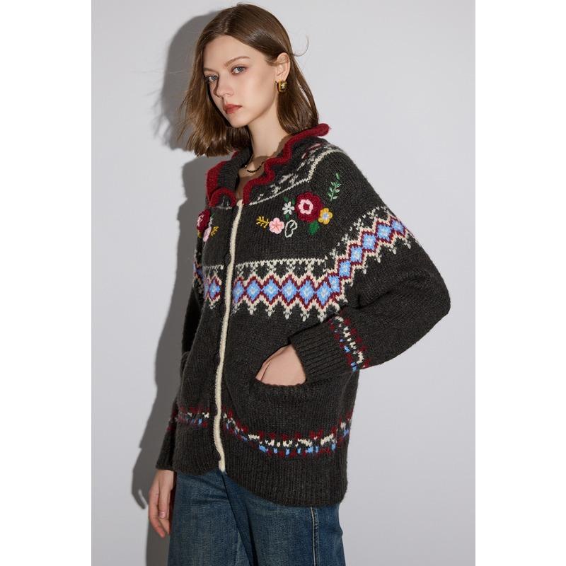 DIMANAF 2025 Sweaters Cardigan Flowers Autumn Pockets Women Print V-Neck Sweaters Knitting Loose Sweater