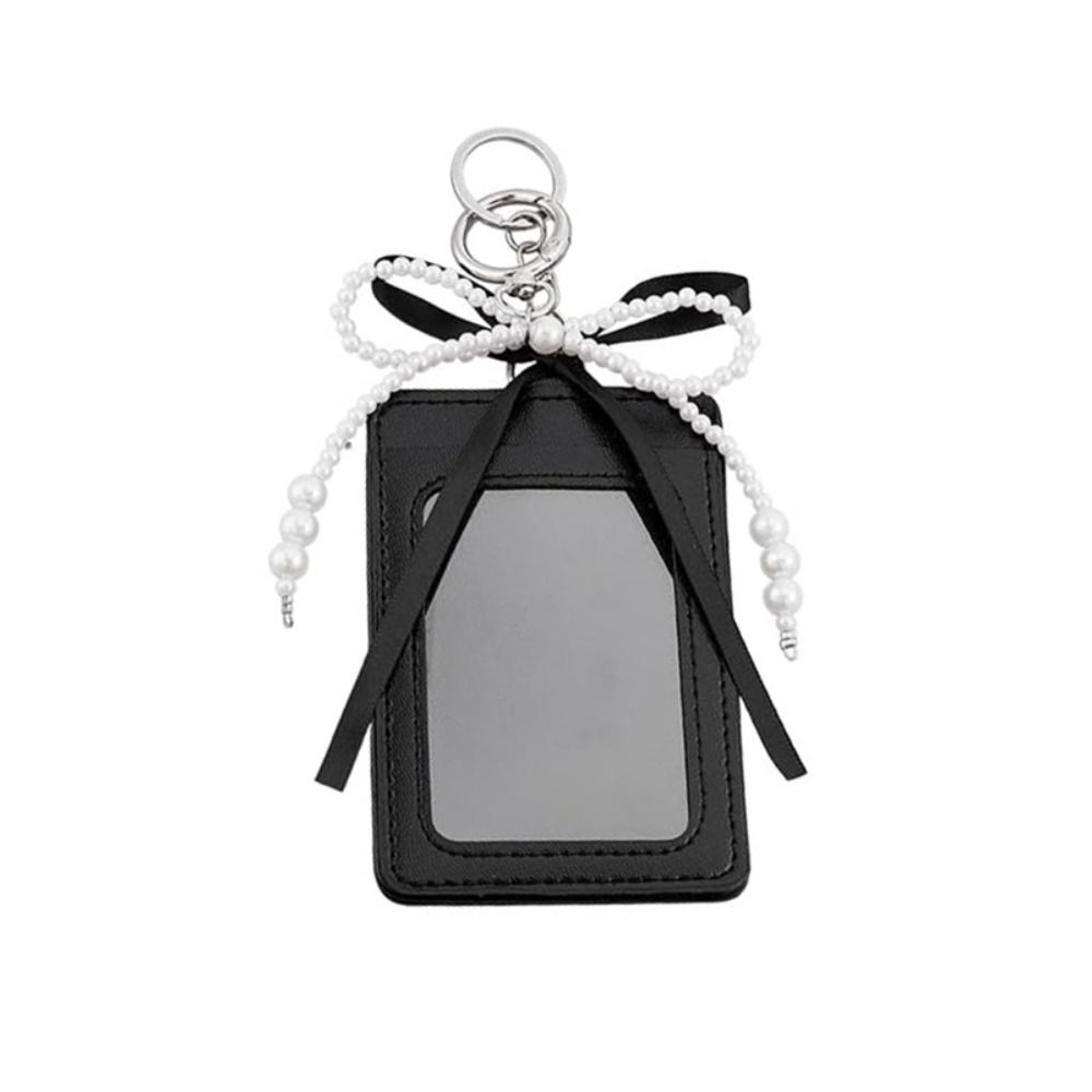 Pearl Bow Photocard Holder Key Ring Hardware PU Leather ID Card Holder Clear Window Dangling Charm Card Sleeve Handbag Hanging
