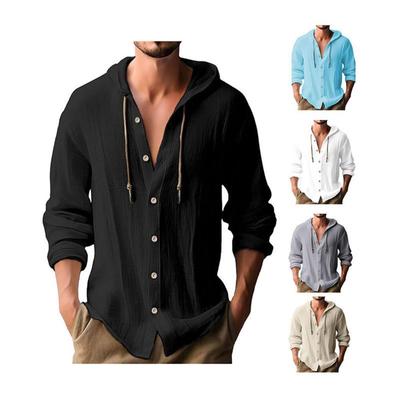 Spring and Summer Men's Cotton Linen Shirts Long Sleeve Hooded Cardigan T-shirt Men's Blouse  Sweatshirts Beach Shirts