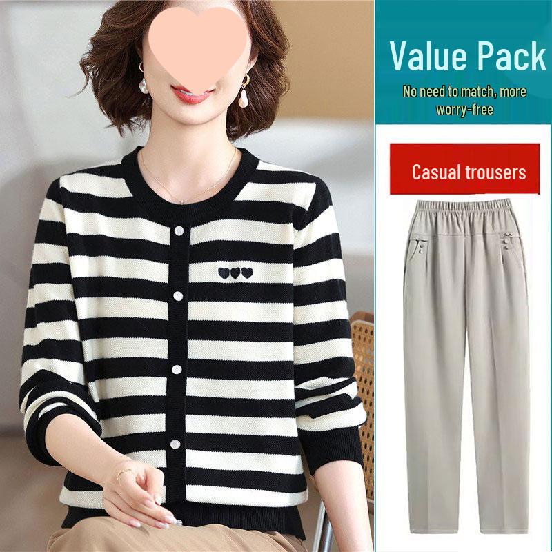 Mom's 2025 Autumn Striped Long-Sleeve Knit Sweater for Middle-Aged & Elderly Women