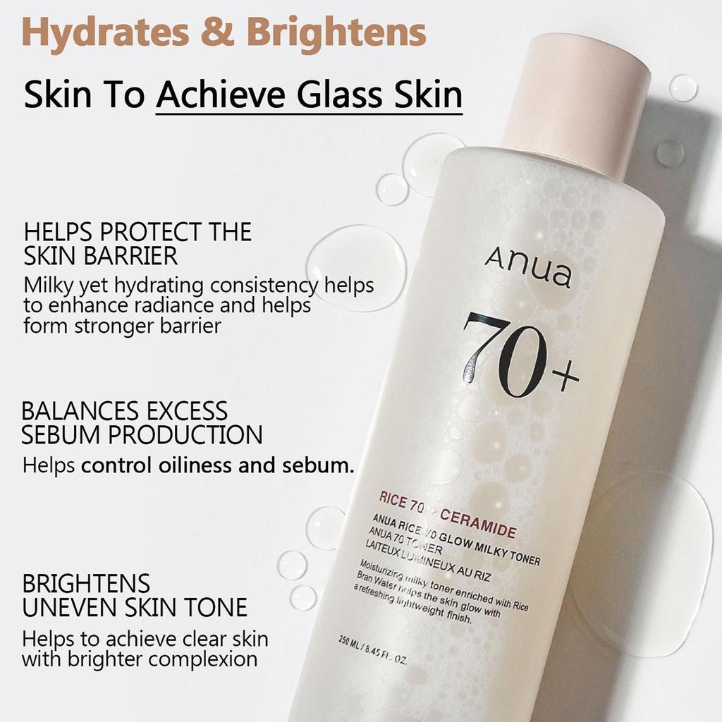 Anua RICE 70 GLOW MILKY TONER 250ML, Even Skin Tone, Oil Balancing, Soothing, For All Skin Types, K-Beauty, Korean Makeup