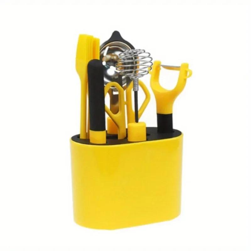 

8 шт. ножниц с держателем для хранения, нож для фруктов, строгальный станок для дыни, кухонная утварь, овощечистка из нержавеющей стали, набор кухонных гаджетов 1set жёлтый