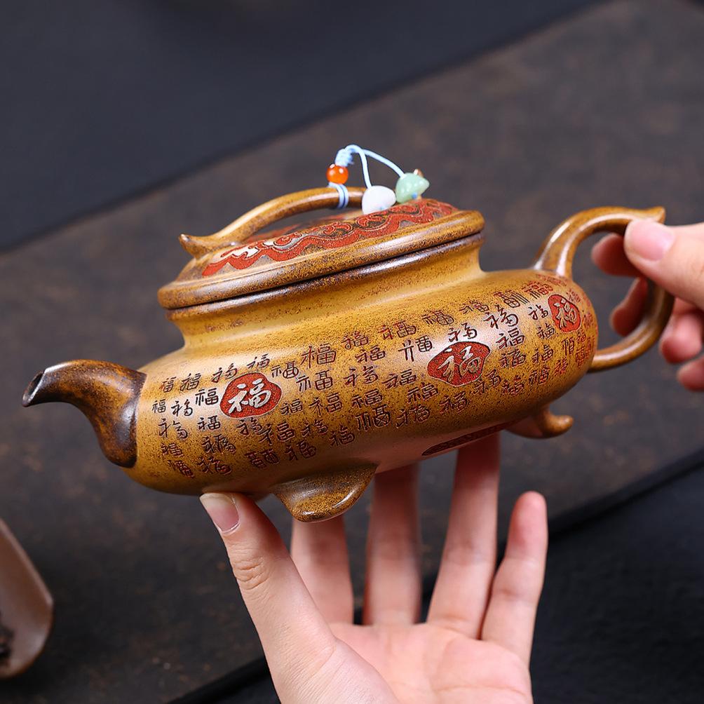 HOYIHM 111ml Luxury Yixing Purple Clay Teapots Handmade Tripodia Pot Raw Ore Dragon Bone Golden Sand Mud Kettle Zisha Tea Set