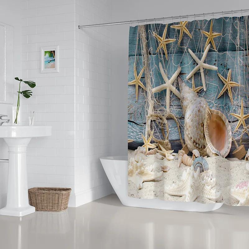 2022 New Shower Curtain Starfish Beach Pattern Bathroom Partition Waterproof  Coconut Sea View Polyester