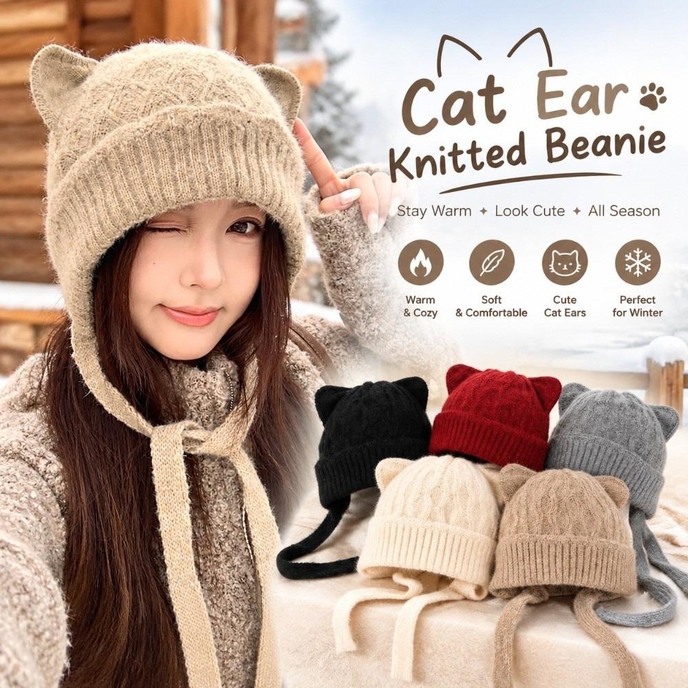 Windproof Cat Ear Knit Hat 3D Cat Ear Head Cover Durable Soft Beanie Outdoor