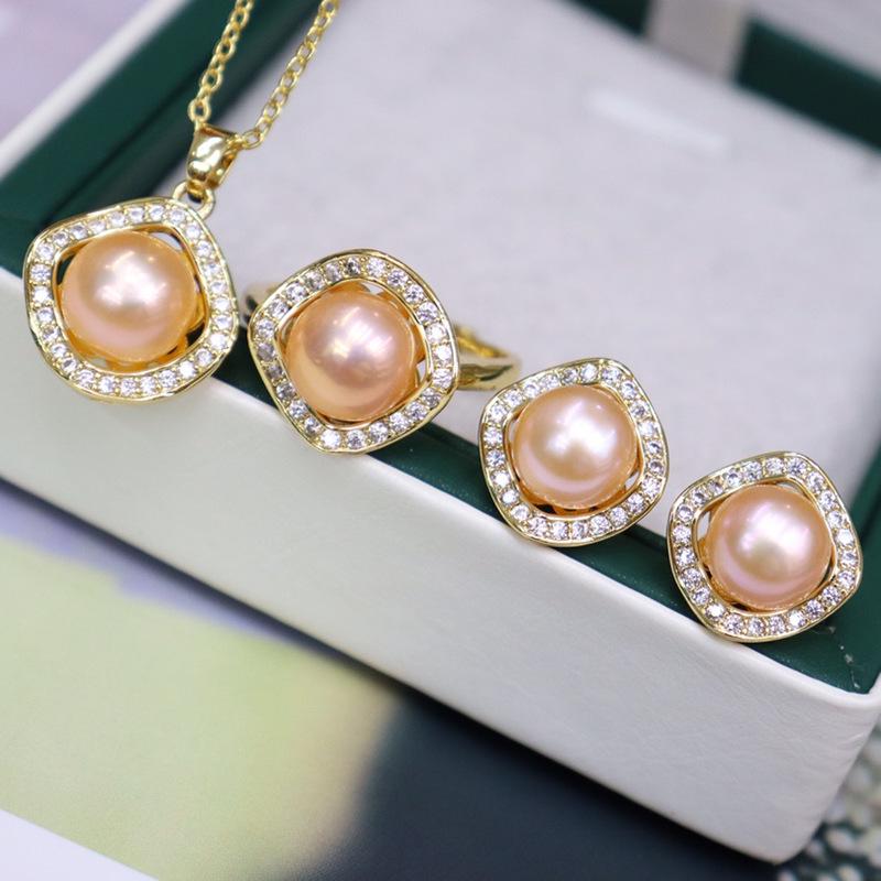 Elegant 8-9mm Freshwater Pearl Necklace, Silver Stud Earrings, and Ring Set for Women