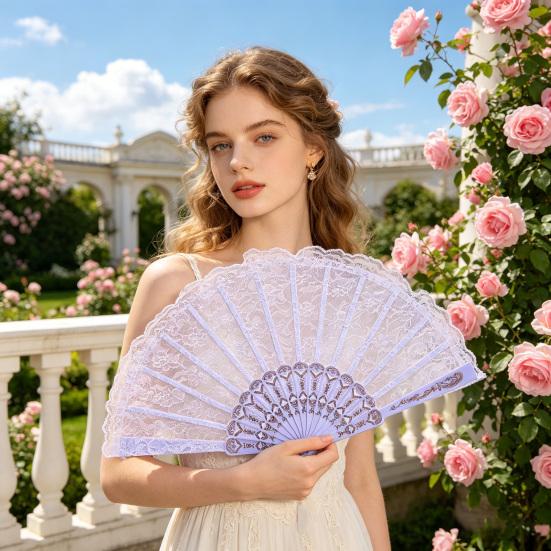 Vintage Lace Folding Fan Plastic Ribs Hand Held Fan Portable Summer Cooling Fan Wedding Dance Party Performance Props