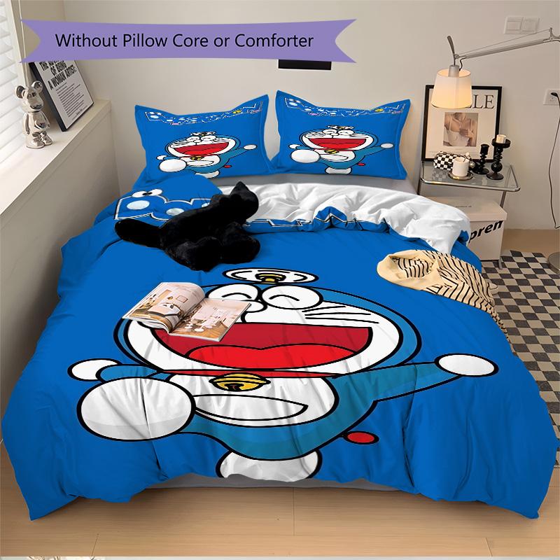 Set Lenzuola 3 Pezzi Stampa Doraemon Adventure Copripiumino con 2 Federe Cuscino Regalo di Compleanno per la Casa