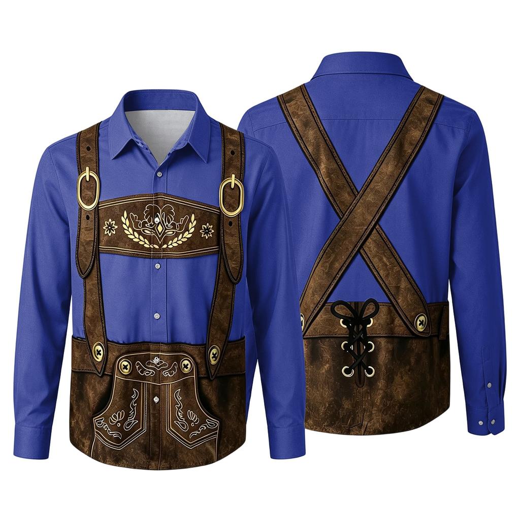 Camicia da uomo per l'Oktoberfest con stampa 3D, vestibilità larga, manica lunga, colletto, casual, stile vintage, traspirante, per lavoro, festival all'aperto, festa
