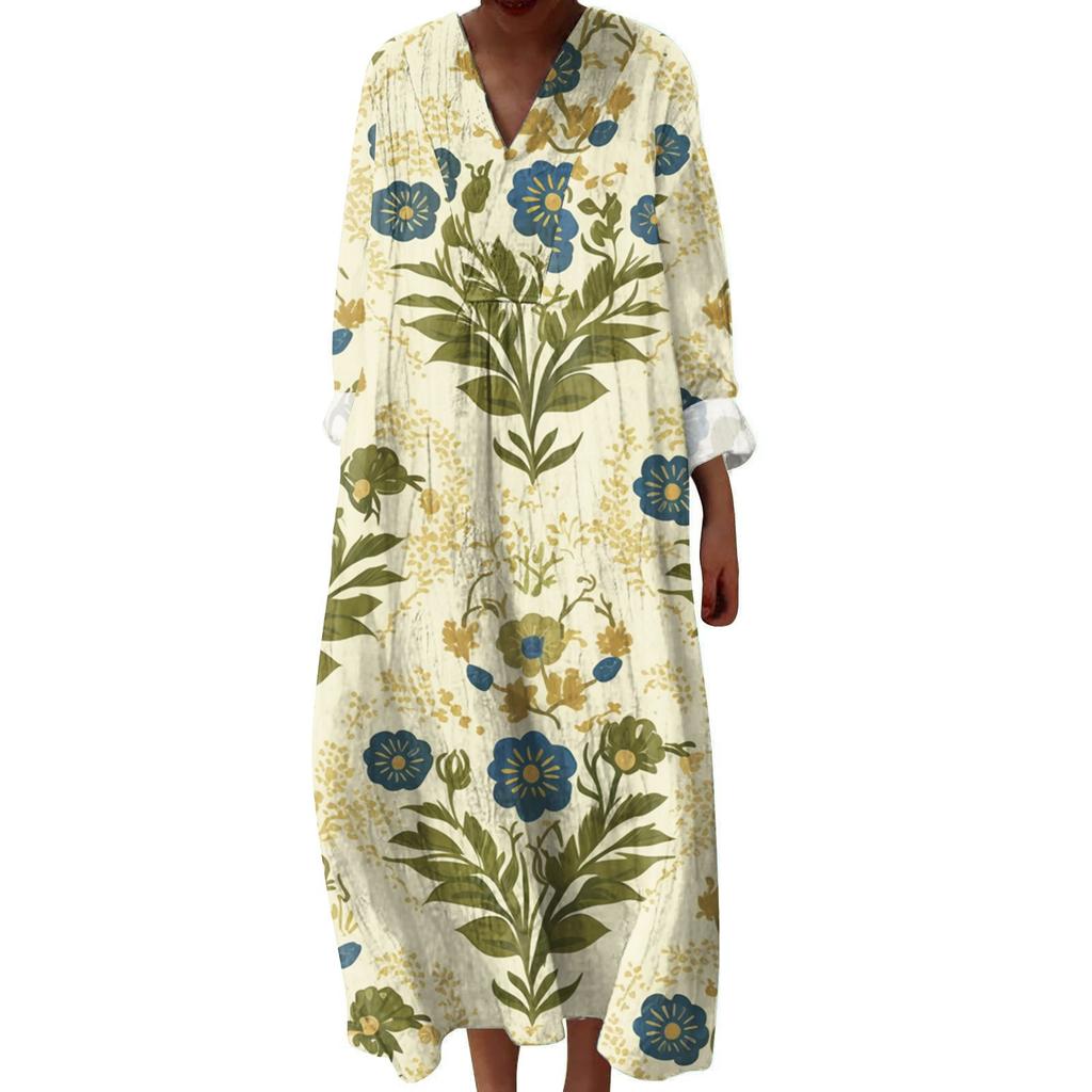 Women's Casual And Fashionable V-Veck Flower Print Long Sleeved Dress Long Sleeved Dress