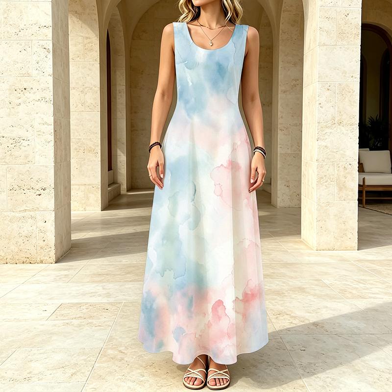 Dreamy Pastel Tie-Dye Maxi Dress, Sleeveless Flowy Summer Holiday Boho Sundress with Round Neck
