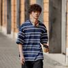 Li Ning Minimalist Versatile Striped Drop Shoulder Round Neck Cotton Summer Short Sleeve T-Shirt Unisex Tops Deep-Navy AHSU655-2