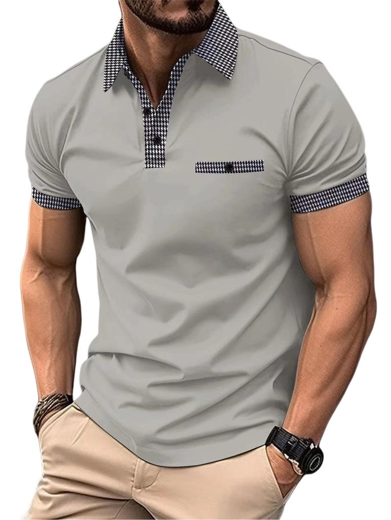 Men's Summer Fashion Loose Polo Shirts Short Sleeve Plaid Turn-down Collar T-shirt Top