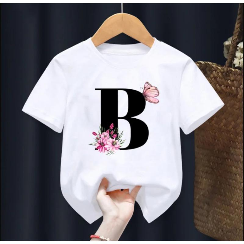 Summer Beautiful Letters Pink Flowers and Butterflies Printed Kids T Shirt Girls Tops Casual Baby Girl T-Shirt  Fashion Short
