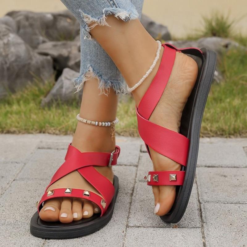 Fashion Summer New Sandals Women's Fashion Round Head Open Toe Rivets Metal Buckle Soft Sole Non-slip Flat Shoes