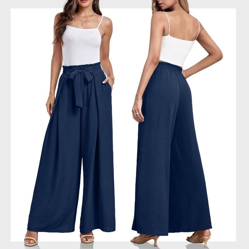 Women High Waist Pleated Loose Wide Leg Casual Summer Long Pants
