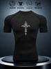 Men's Grey Compression T-Shirt with White Thorn Cross Print, Elastic Quick Drying Breathable Gym Workout & Sports Training Top