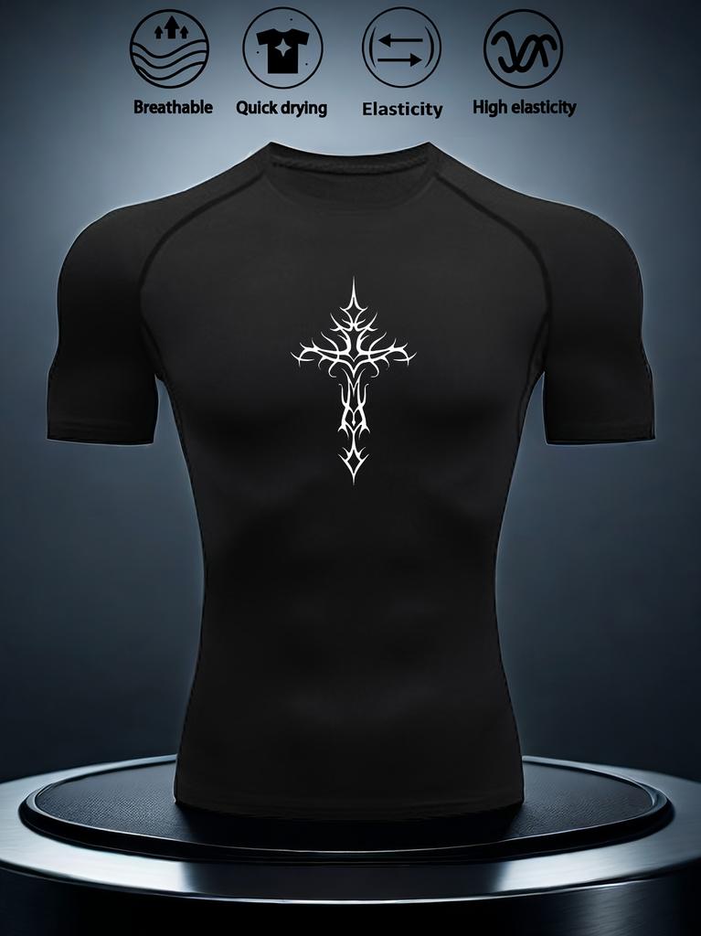 Men's Grey Compression T-Shirt with White Thorn Cross Print, Elastic Quick Drying Breathable Gym Workout & Sports Training Top