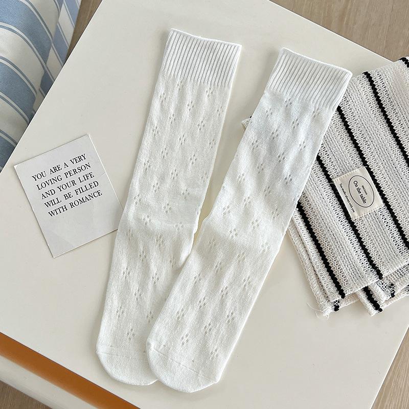 Female Spring and Summer Thin Pure Color Ballet Style Hollow Mesh Breathable Tube Socks