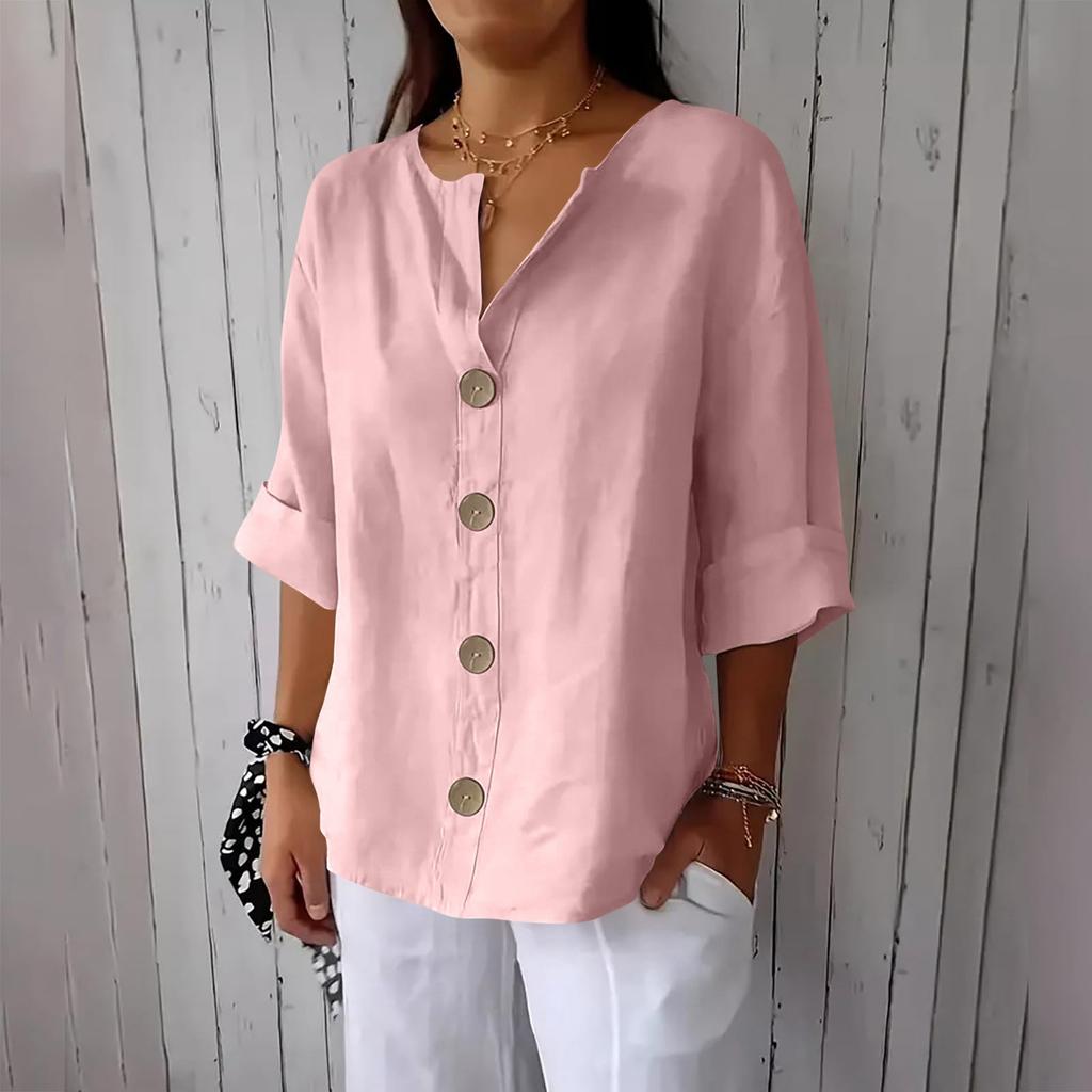 Women's Fashion Casual V-Neck Buttoned 3/4 Sleeve Cotton Linen Top