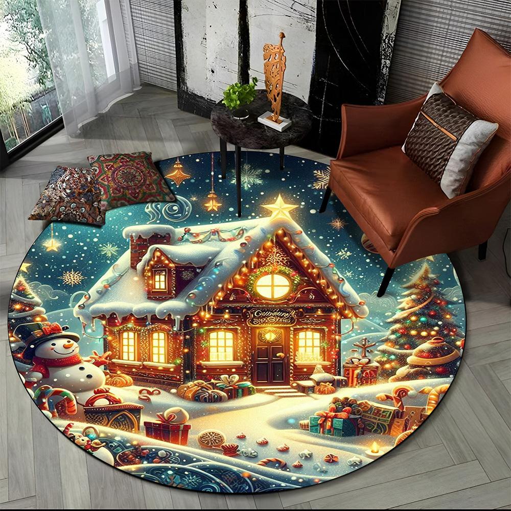 Merry Christmas Cartoon Santa Claus Snowman New Year Round Carpet Rug for Bedroom Living Room Sofa Decoration,Decor Floor Mat