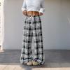 New Elastic Black and White Checkered Long Pants, Casual Checkered Wide-leg Pants for Women