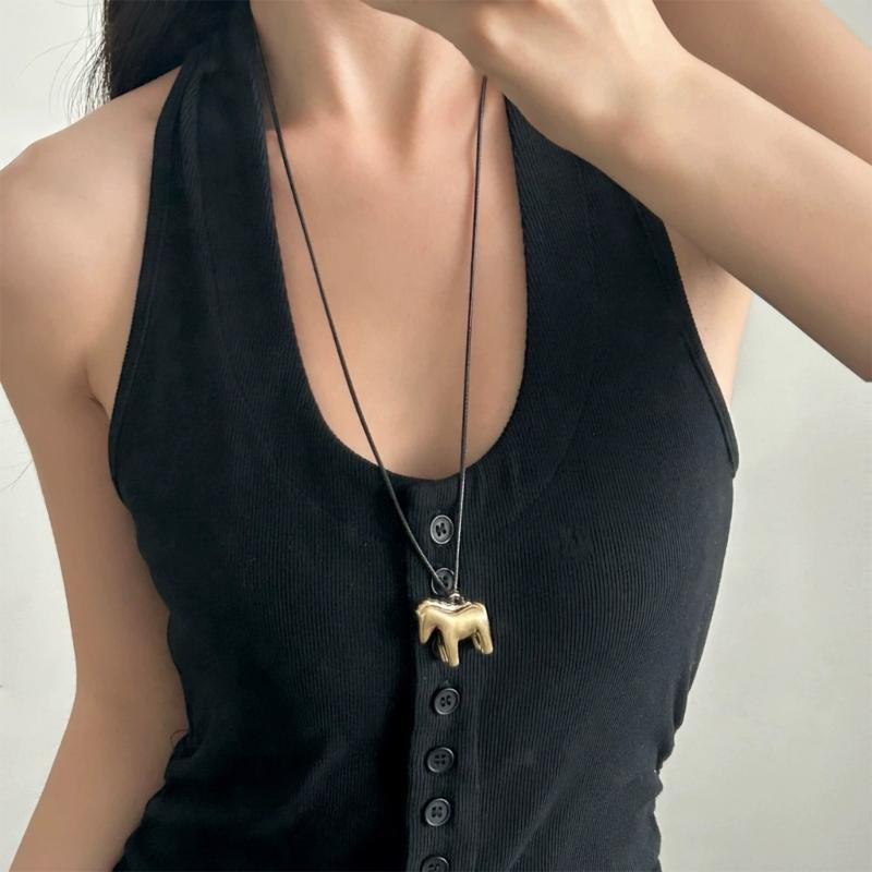 Soft Leather Cord Necklace Featuring Detailed Horse Charm Fashionable for Women