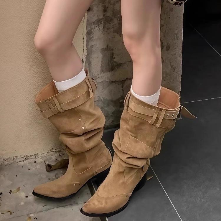 Vintage Maillard Boots Big Tube Skinny Pleated Pile Boots Women's Summer Pointed Thick Heel Khaki Boots