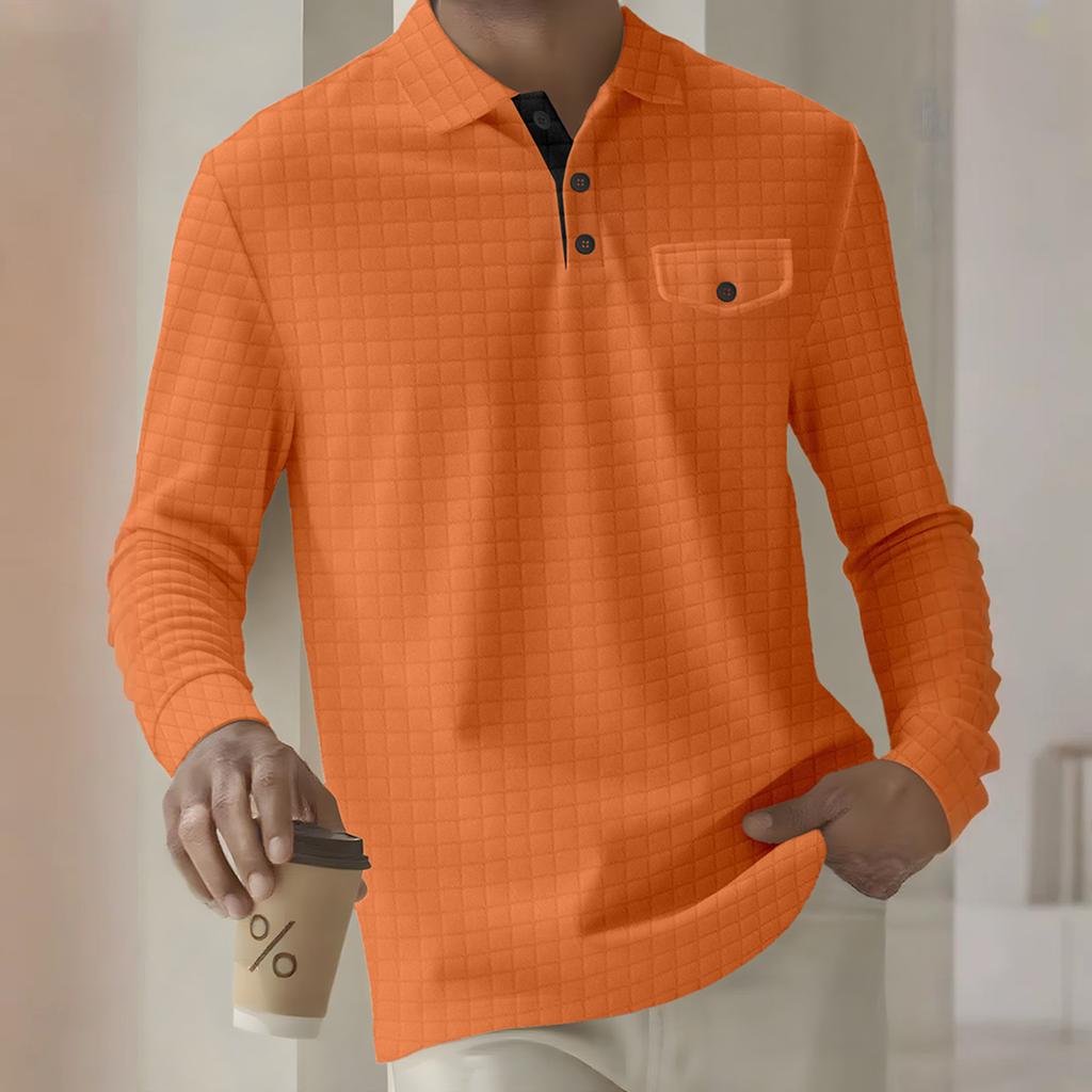 Men's Solid Color Plaid Button Lapel Pocket Long Sleeve Top Men's Casual Fashion Long Sleeve Top