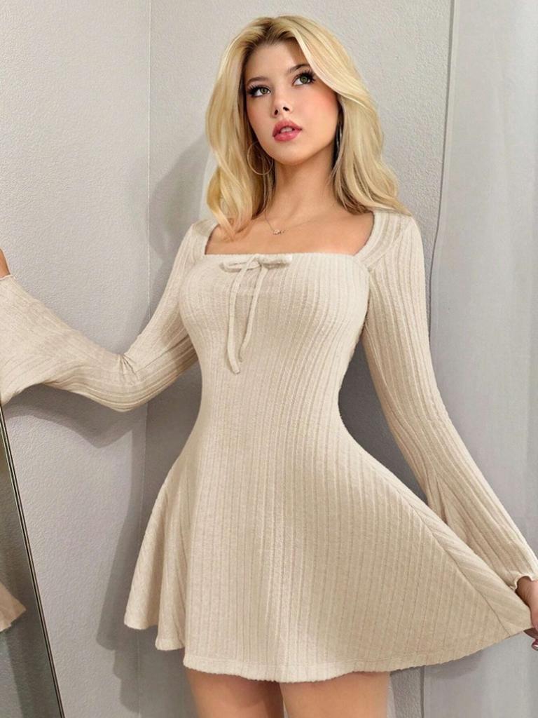 Fall Winter New Women's Fashion Ins Slim Stand Collar Waist A-Line Dress Long Sleeve Striped Dress