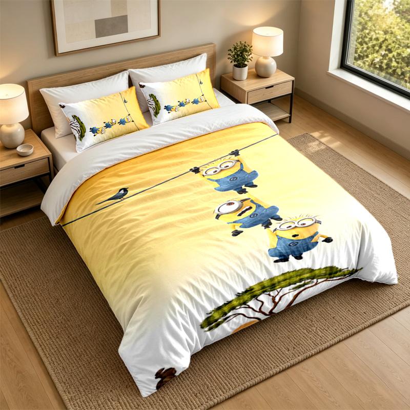 Soft Bedding Set Minions Pattern, 1 Duvet Cover plus 2 Pillowcases Stylish Bedroom Home Textile