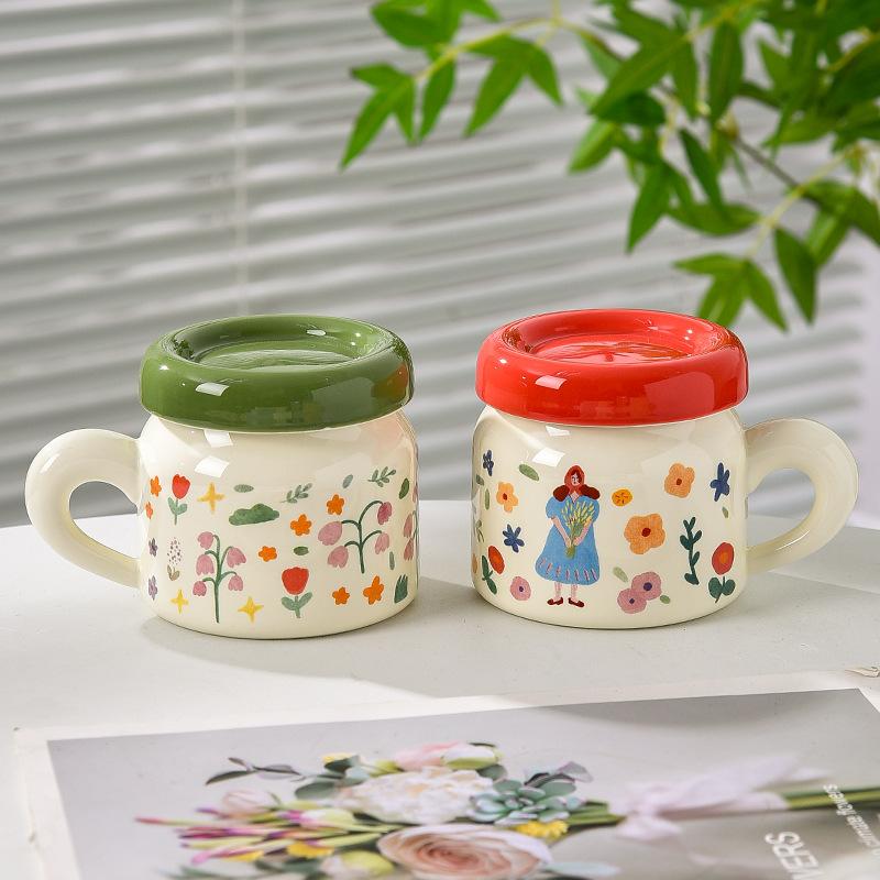 French Ceramic Cup with Lid Flower Bestie Cup with Handle Cute Big Belly Cup Drinking Water Cup Women's Mug